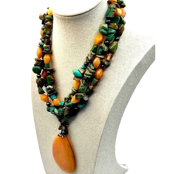 Vintage Multi-Strand Gemstone Necklace With Large Peach Jade Pendant - Picture 5 of 11